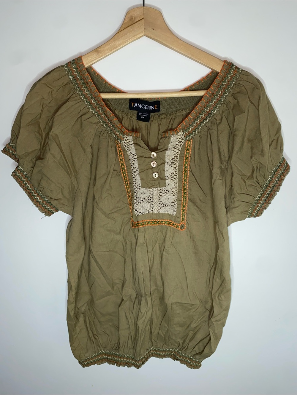 Tangerine Olive Green Embroidered Lace-Front Peasant Blouse Size 3X